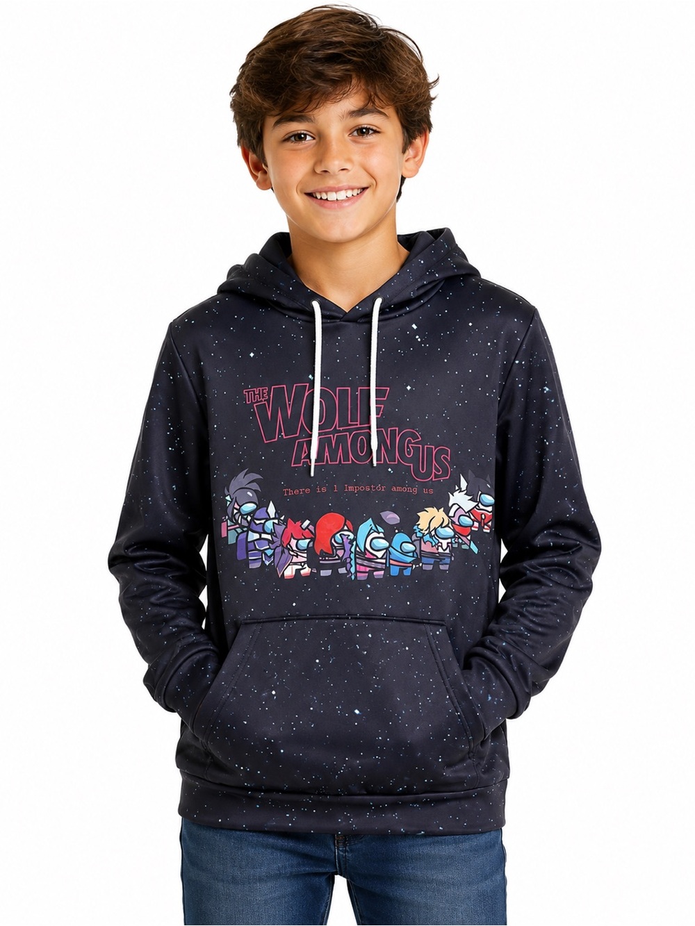 AMONG US Boys Hoodie Large  10/12 Black Galaxy Graphic Pullover Gamer